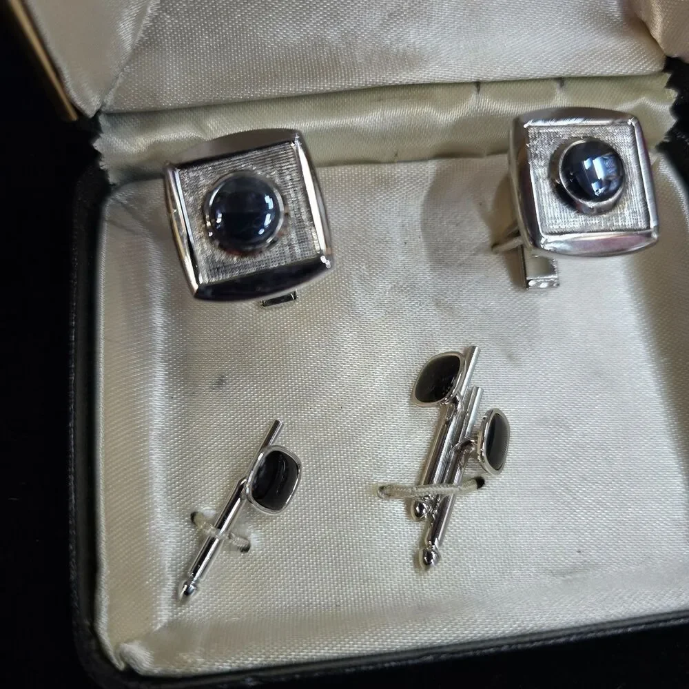 Vintage Chalette 5032 Cufflinks & Studs Silver Black Gray Stone Cowboy Classic